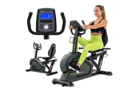 Vélo d'appartement Hop-Sport Vélo d’appartement semi-allongé électromagnétique HS-120L Ravel avec 12 programmes d'entraînement, contrôle Bluetooth et application, roue d’inertie