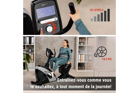 Vélo d'appartement Hop-Sport Vélo d'appartement Semi-Allongé HS-070L Helix Avec Bluetooth & App, 16 Niveaux de Résistance, Masse d'inertie 18,5 kg, Siège réglable, Ordi