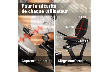 Vélo d'appartement Hop-Sport Vélo d'appartement Semi-allongé HS-060L Pulse, Vélo Assis avec Dossier, 8 niveaux de Résistance magnétique, Roue d'inertie de 15 kg, Écran LCD,