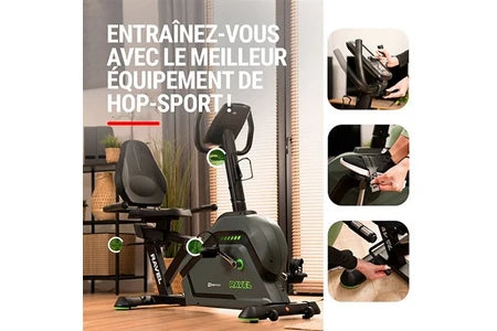 Vélo d'appartement Hop-Sport Vélo d’appartement semi-allongé électromagnétique HS-120L Ravel avec 12 programmes d'entraînement, contrôle Bluetooth et application, roue d’inertie