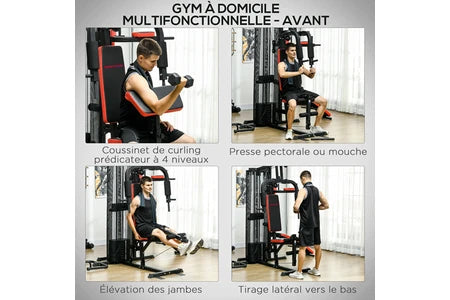 Banc de musculation Sportnow Station de musculation multi-équipement - collaboration Aosom.fr x FFHandball - 10 contrepoids - acier noir rouge