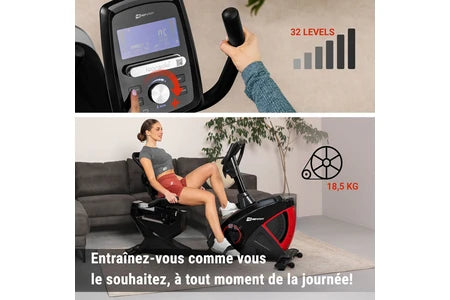 Vélo d'appartement Hop-Sport Vélo d'appartement Semi-Allongé HS-070L Helix Avec Bluetooth & App, 32 Niveaux de Résistance, Masse d'inertie 18,5 kg, Siège réglable, Ordi