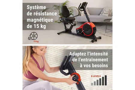 Vélo d'appartement Hop-Sport Vélo d'appartement Semi-allongé HS-060L Pulse, Vélo Assis avec Dossier, 8 niveaux de Résistance magnétique, Roue d'inertie de 15 kg, Écran LCD, Rouge