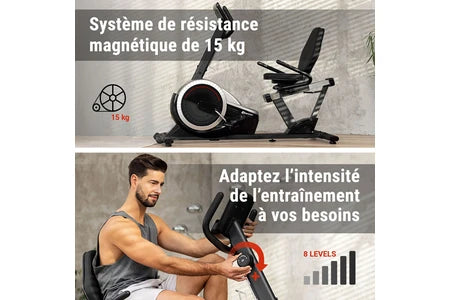 Vélo d'appartement Hop-Sport Vélo d'appartement Semi-allongé HS-060L Pulse, Vélo Assis avec Dossier, 8 niveaux de Résistance magnétique, Roue d'inertie de 15 kg, Écran LCD,