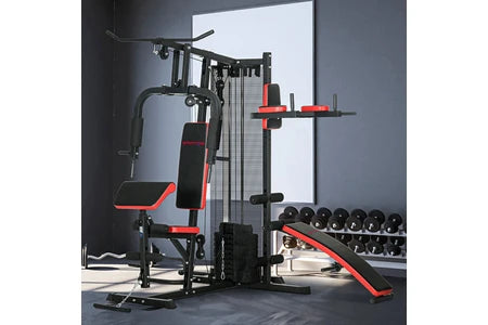 Banc de musculation Sportnow Station de musculation multi-équipement - collaboration Aosom.fr x FFHandball - 10 contrepoids - acier noir rouge