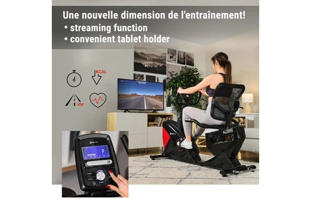 Vélo d'appartement Hop-Sport Vélo d'appartement Semi-Allongé HS-070L Helix Avec Bluetooth & App, 32 Niveaux de Résistance, Masse d'inertie 18,5 kg, Siège réglable, Ordi