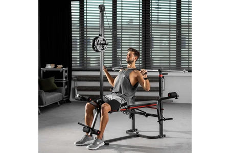 Banc de musculation Hop-Sport Ensemble d'haltères 106 kg et Banc de Musculation Multifonction HS-1065, Pupitre de Biceps, Papillon, Poulie haute, Set de disques de poids en fonte