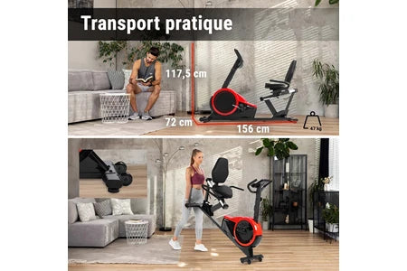 Vélo d'appartement Hop-Sport Vélo d'appartement Semi-allongé HS-060L Pulse, Vélo Assis avec Dossier, 8 niveaux de Résistance magnétique, Roue d'inertie de 15 kg, Écran LCD, Rouge