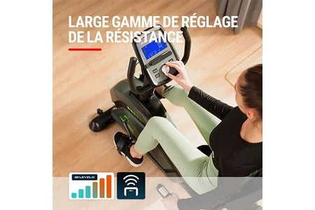 Vélo d'appartement Hop-Sport Vélo d’appartement semi-allongé électromagnétique HS-120L Ravel avec 12 programmes d'entraînement, contrôle Bluetooth et application, roue d’inertie