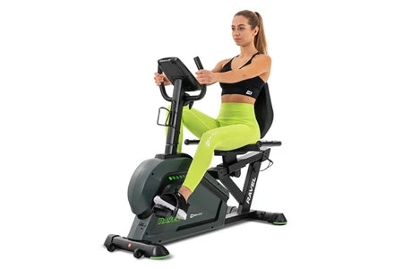 Vélo d'appartement Hop-Sport Vélo d’appartement semi-allongé électromagnétique HS-120L Ravel avec 12 programmes d'entraînement, contrôle Bluetooth et application, roue d’inertie