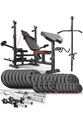 Banc de musculation Hop-Sport Ensemble d'haltères 165 kg et Banc de Musculation Multifonction HS-1075, Pupitre de Biceps, Papillon, Poulie haute, Set de disques de poids en