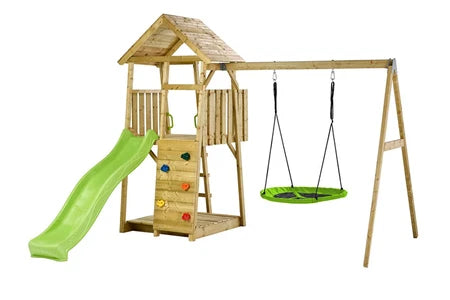 Balançoire et portique multi-activités Kangui Aire de jeux portique en bois WOODI Double balançoire et nid Ø100cm, toboggan, mur d'escalade, bac a sable, cabane, échelle