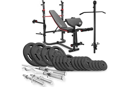 Banc de musculation Hop-Sport Ensemble d'haltères 106 kg et Banc de Musculation Multifonction HS-1065, Pupitre de Biceps, Papillon, Poulie haute, Set de disques de poids en fonte