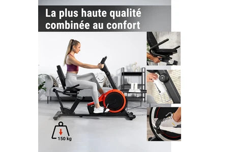 Vélo d'appartement Hop-Sport Vélo d'appartement Semi-allongé HS-060L Pulse, Vélo Assis avec Dossier, 8 niveaux de Résistance magnétique, Roue d'inertie de 15 kg, Écran LCD, Rouge