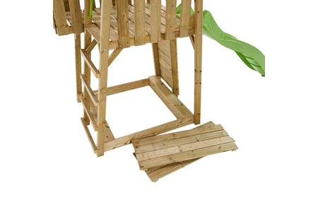 Balançoire et portique multi-activités Kangui Aire de jeux portique en bois WOODI Double balançoire et nid Ø100cm, toboggan, mur d'escalade, bac a sable, cabane, échelle