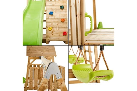 Balançoire et portique multi-activités Kangui Aire de jeux portique en bois WOODI Double balançoire et nid Ø100cm, toboggan, mur d'escalade, bac a sable, cabane, échelle