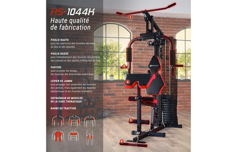 Machines de musculation et Home Gym Hop-Sport Station de Musculation Multifonction HS-1044K, Appareil de musculation, Multigym avec 1 station + 66 kg, Station de fitness avec poulie haute,