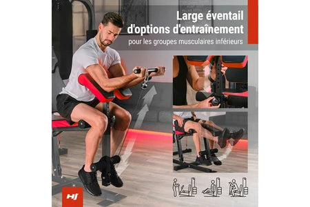 Machines de musculation et Home Gym Hop-Sport Station de Musculation Multifonction HS-1054K, Appareil de musculation, 3 stations + 72 kg, Sac de boxe, Gants de boxe, Module Papillon, Barre de