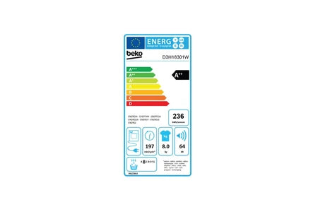Sèche-linge pompe à chaleur Beko Sèche-linge pompe à chaleur 60cm 8kg blanc D3H18301W