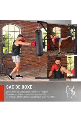Machines de musculation et Home Gym Hop-Sport Station de Musculation Multifonction HS-1054K, Appareil de musculation, 3 stations + 72 kg, Sac de boxe, Gants de boxe, Module Papillon, Barre de