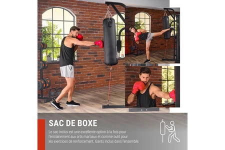 Machines de musculation et Home Gym Hop-Sport Station de Musculation Multifonction HS-1054K, Appareil de musculation, 3 stations + 72 kg, Sac de boxe, Gants de boxe, Module Papillon, Barre de