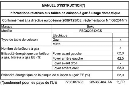 Gazinière Beko FBG62031XCS