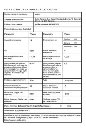 Lave-vaisselle pose libre Beko BDFN26440WP