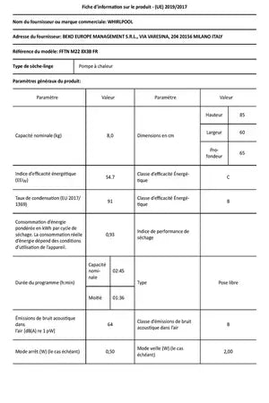 Sèche-linge pompe à chaleur Whirlpool FFTNM228X3BFR